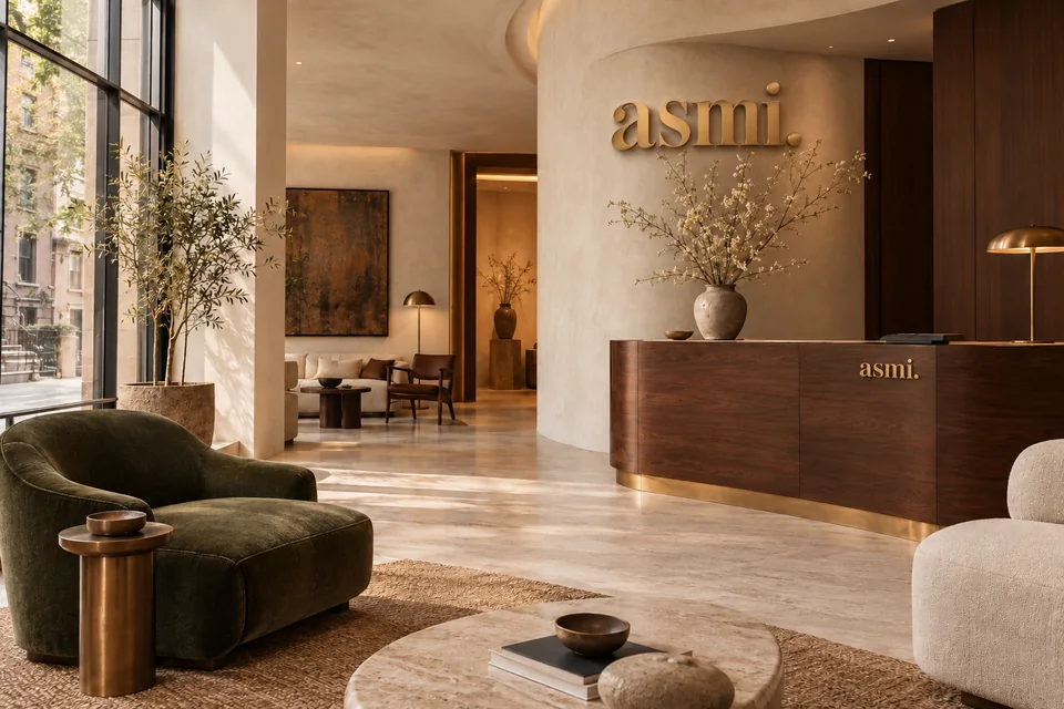 ASMI hospitality concept: a warm boutique lobby with branded signage